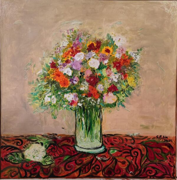 Flowers on Red Tablecloth