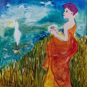 Lady in Red with Egret