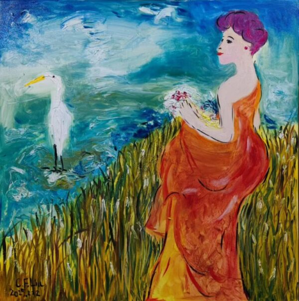 Lady in Red with Egret